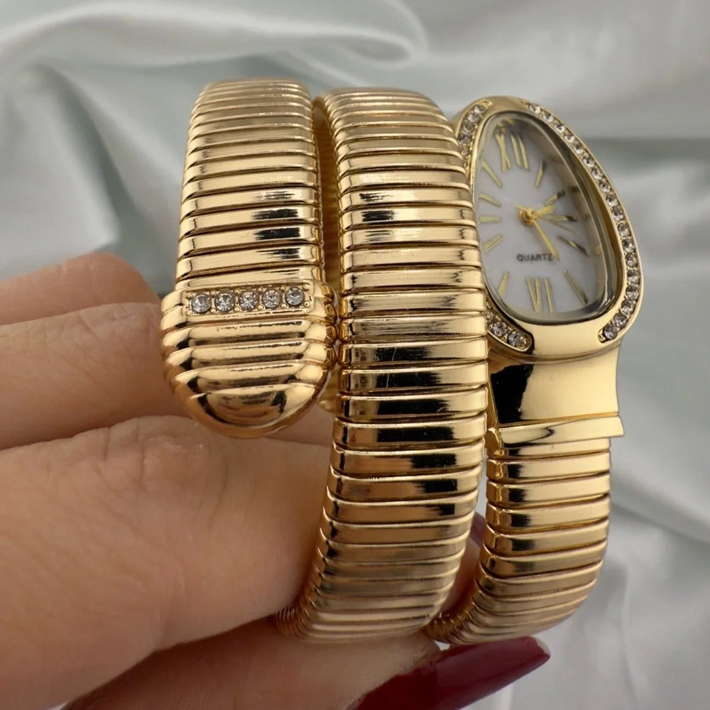 Classic Serpentine Serpent Snake Classic Gold Color Women's Watch White Stateme - Picture 5 of 7